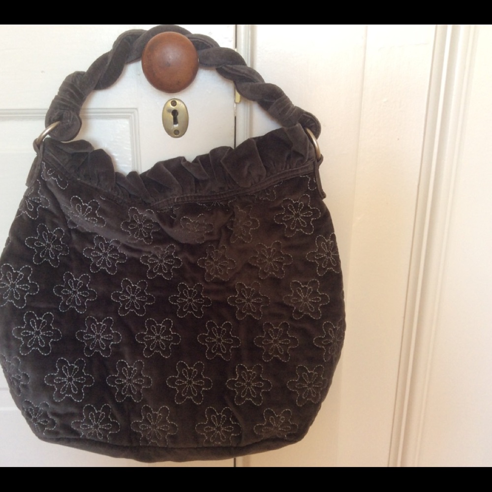 Old Navy Gray velveteen quilted handbag with embroidered flowers zippers